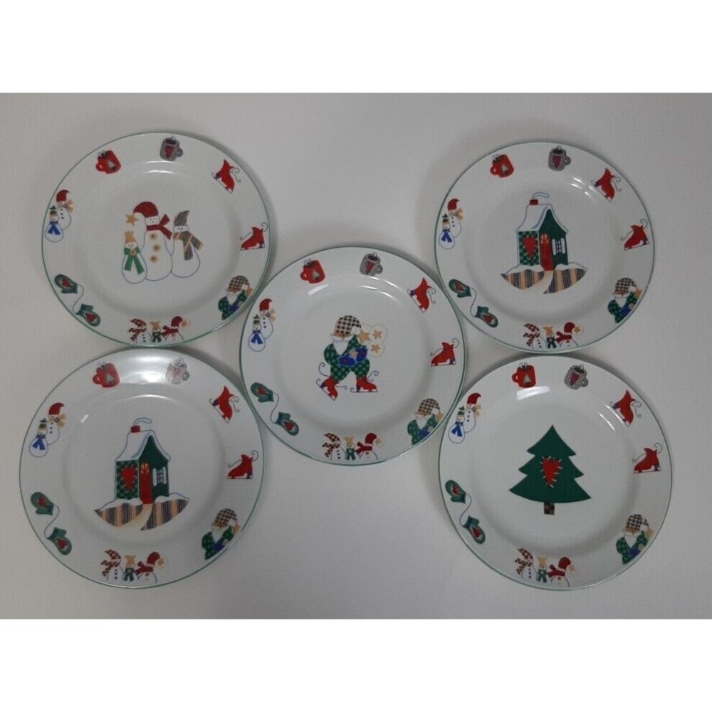 Set of 5 Welcome Winter 7.5" Plates Dishes Christmas Gnome Mug Snowman Skate